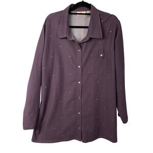 Quacker Factory Stretch Knit Button Up Shirt Womens 2X Purple Crystals Snap